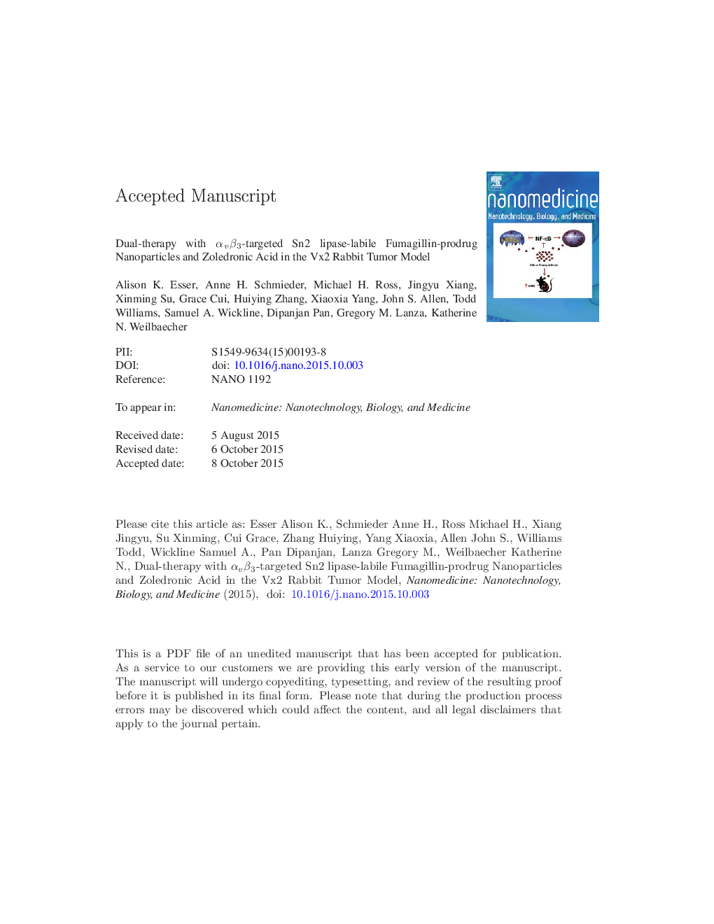 Dual-therapy with Î±vÎ²3-targeted Sn2 lipase-labile fumagillin-prodrug nanoparticles and zoledronic acid in the Vx2 rabbit tumor model