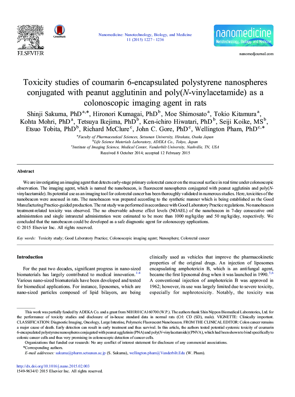 Toxicity studies of coumarin 6-encapsulated polystyrene nanospheres conjugated with peanut agglutinin and poly(N-vinylacetamide) as a colonoscopic imaging agent in rats