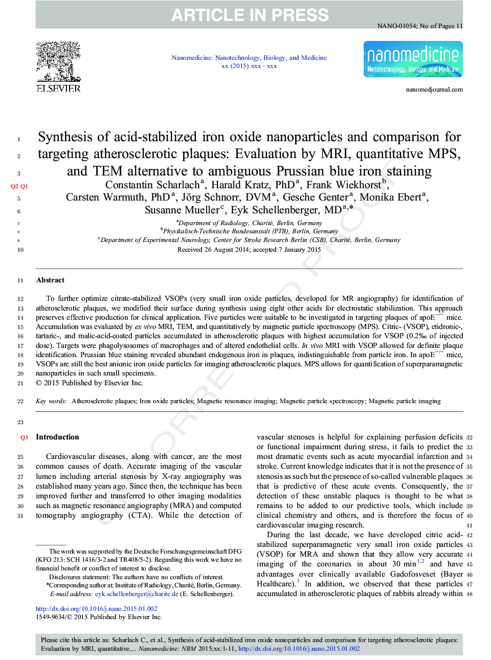Synthesis of acid-stabilized iron oxide nanoparticles and comparison for targeting atherosclerotic plaques: Evaluation by MRI, quantitative MPS, and TEM alternative to ambiguous Prussian blue iron staining
