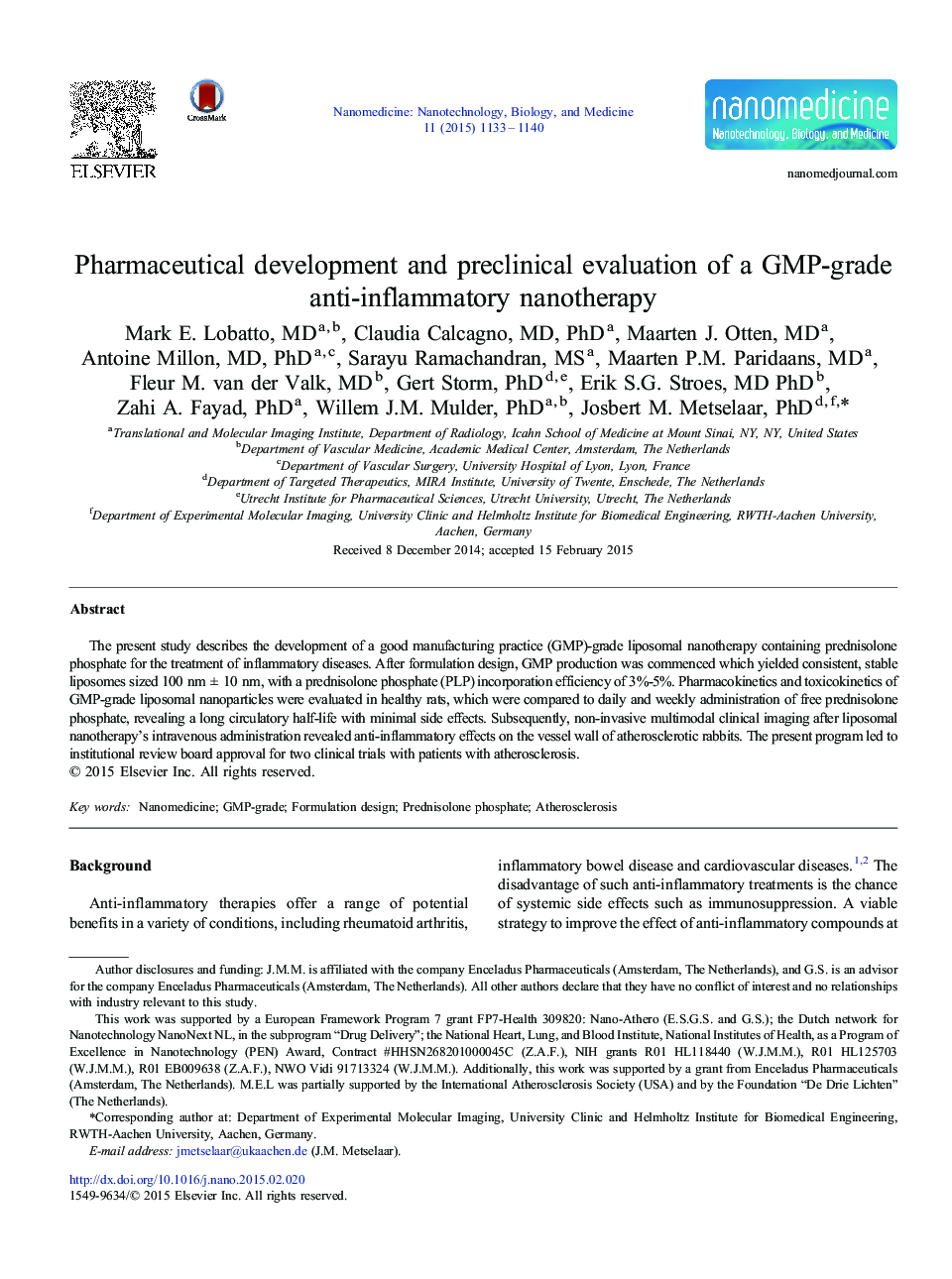 Pharmaceutical development and preclinical evaluation of a GMP-grade anti-inflammatory nanotherapy