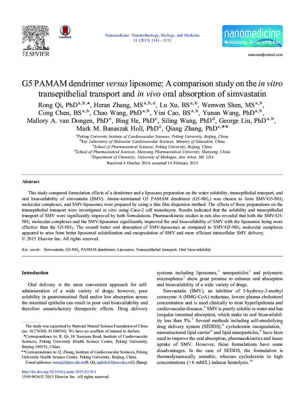 G5 PAMAM dendrimer versus liposome: A comparison study on the in vitro transepithelial transport and in vivo oral absorption of simvastatin
