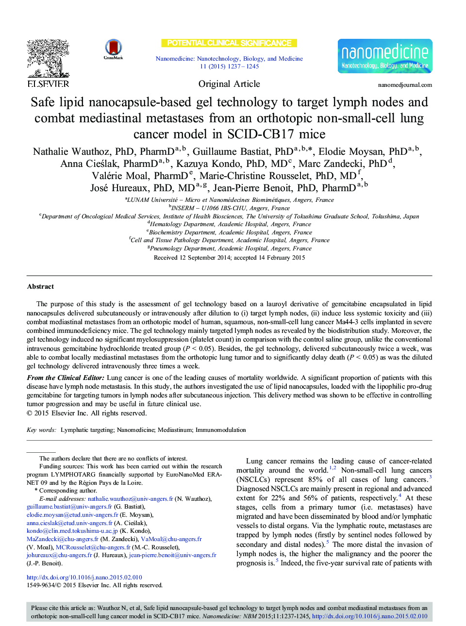 Safe lipid nanocapsule-based gel technology to target lymph nodes and combat mediastinal metastases from an orthotopic non-small-cell lung cancer model in SCID-CB17 mice