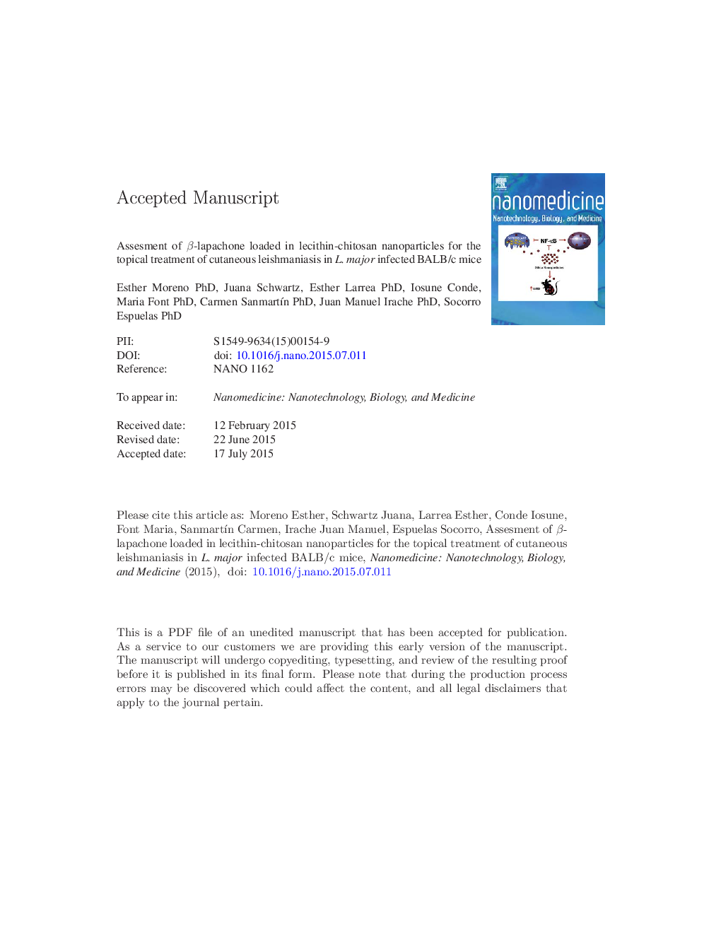 Assessment of Î²-lapachone loaded in lecithin-chitosan nanoparticles for the topical treatment of cutaneous leishmaniasis in L. major infected BALB/c mice