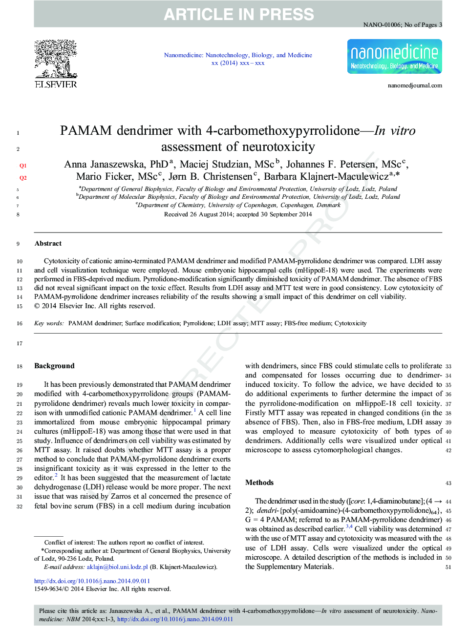 PAMAM dendrimer with 4-carbomethoxypyrrolidone-In vitro assessment of neurotoxicity