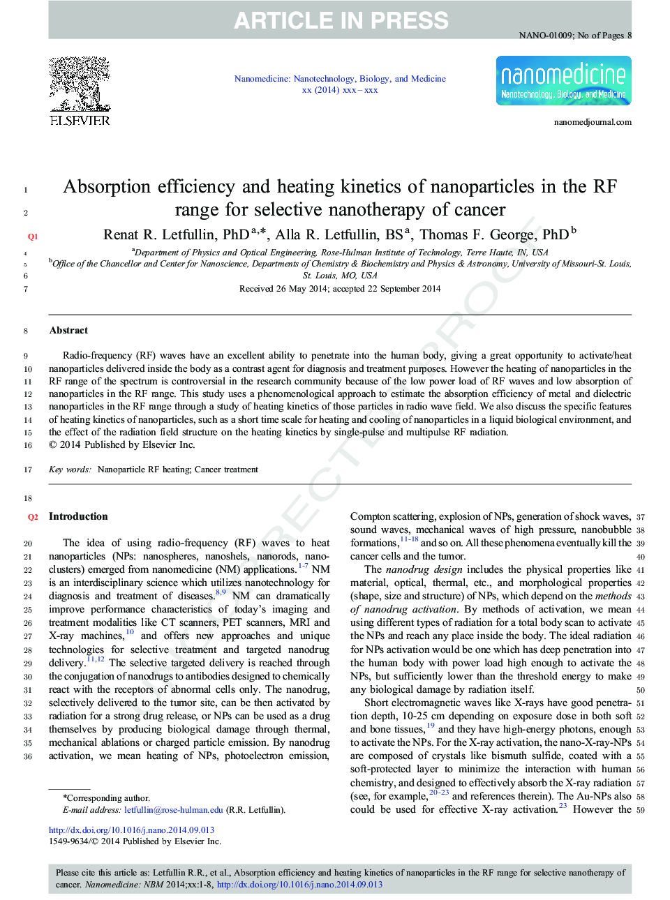 Absorption efficiency and heating kinetics of nanoparticles in the RF range for selective nanotherapy of cancer