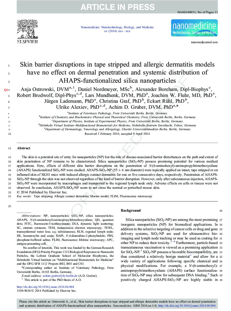 Skin barrier disruptions in tape stripped and allergic dermatitis models have no effect on dermal penetration and systemic distribution of AHAPS-functionalized silica nanoparticles