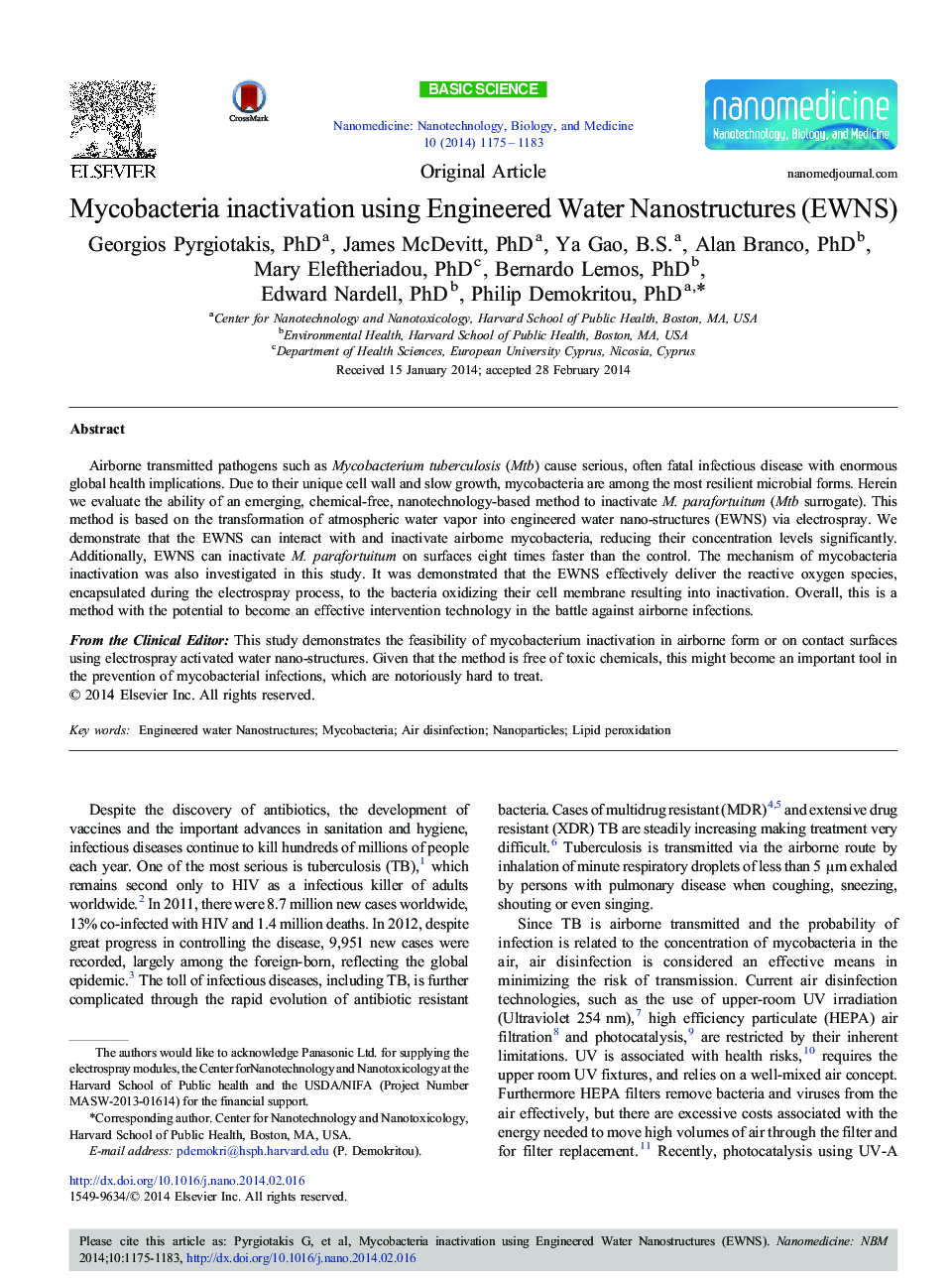 Mycobacteria inactivation using Engineered Water Nanostructures (EWNS)