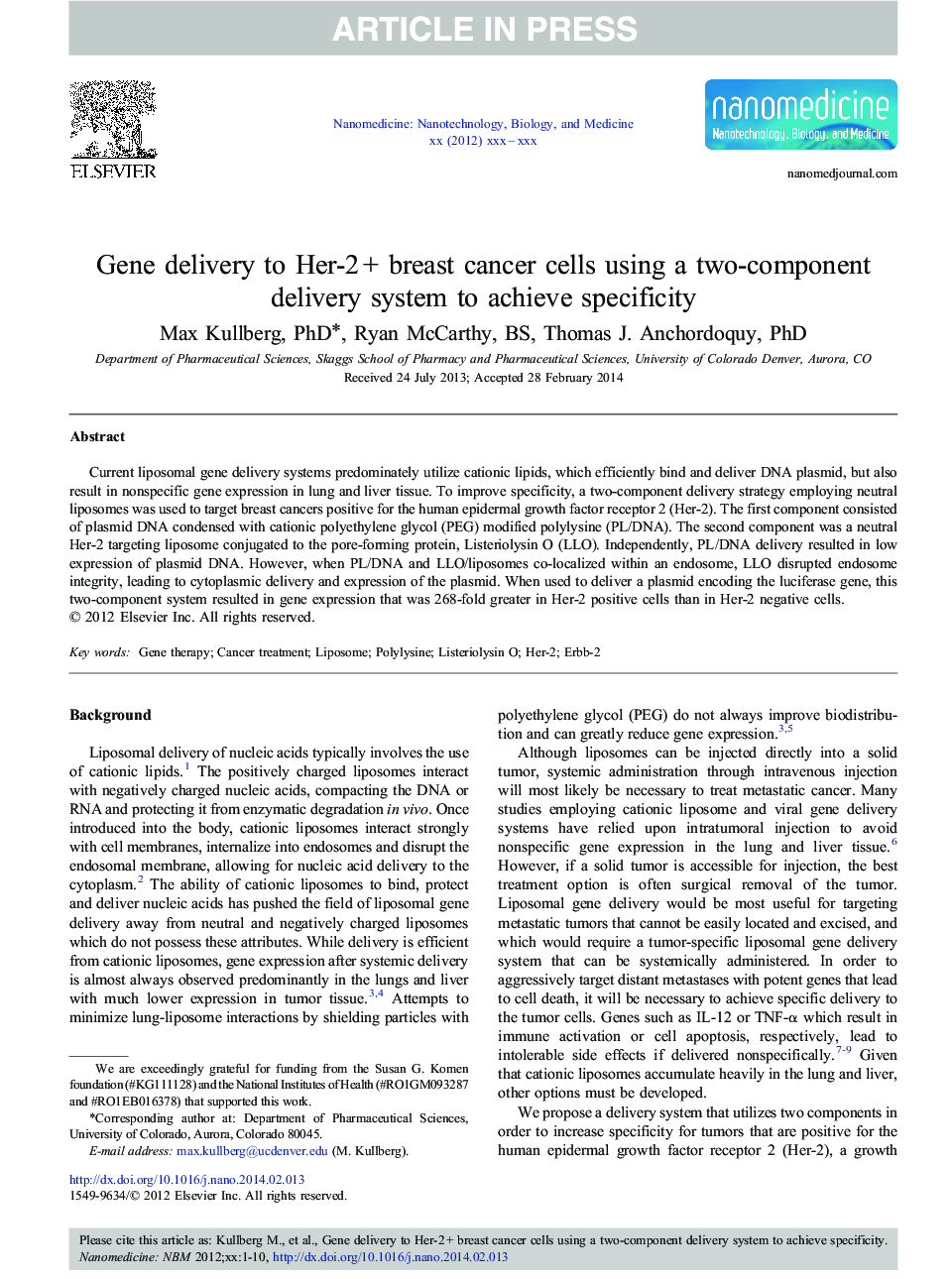 Gene delivery to Her-2Â + breast cancer cells using a two-component delivery system to achieve specificity