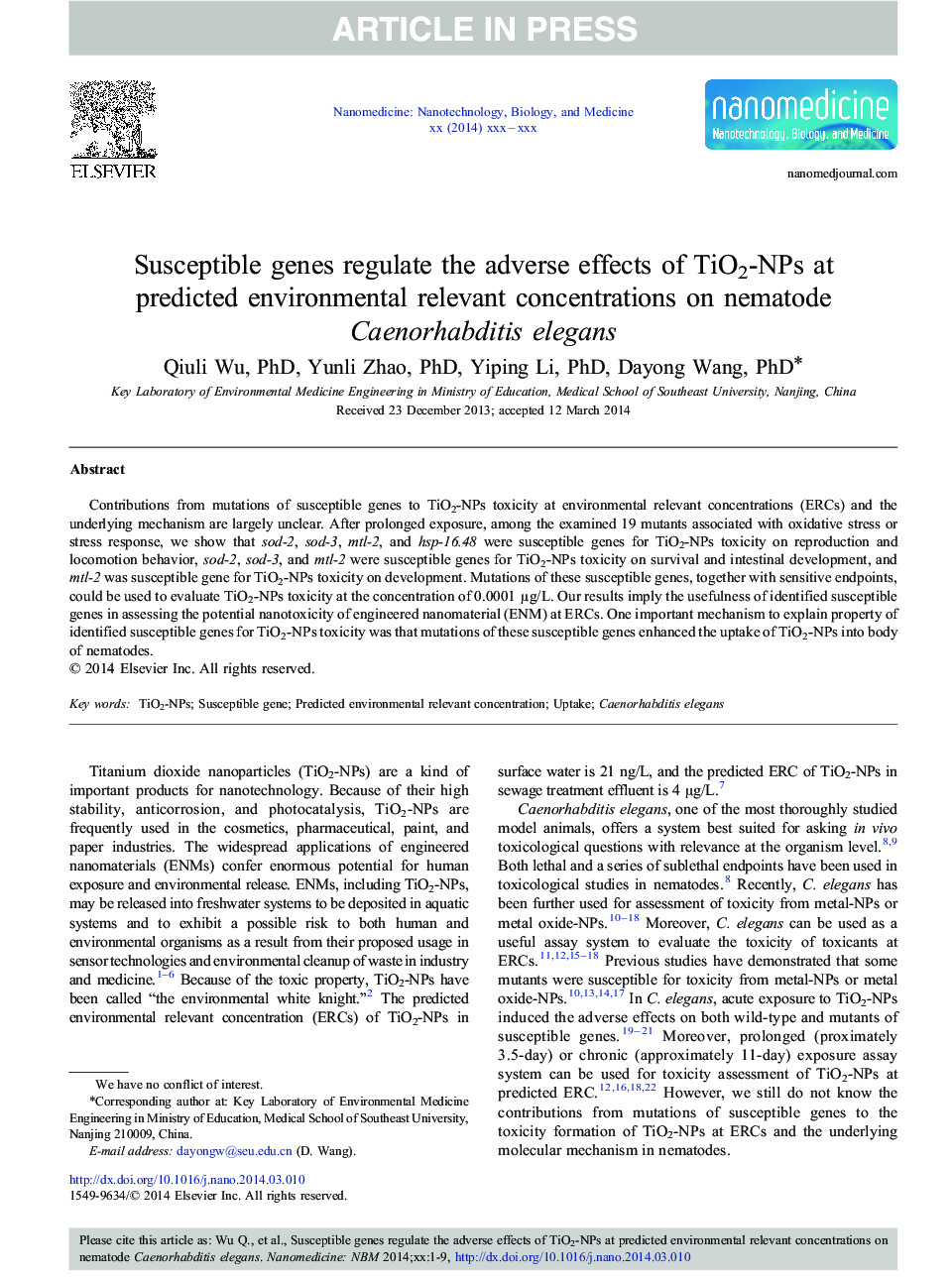 Susceptible genes regulate the adverse effects of TiO2-NPs at predicted environmental relevant concentrations on nematode Caenorhabditis elegans