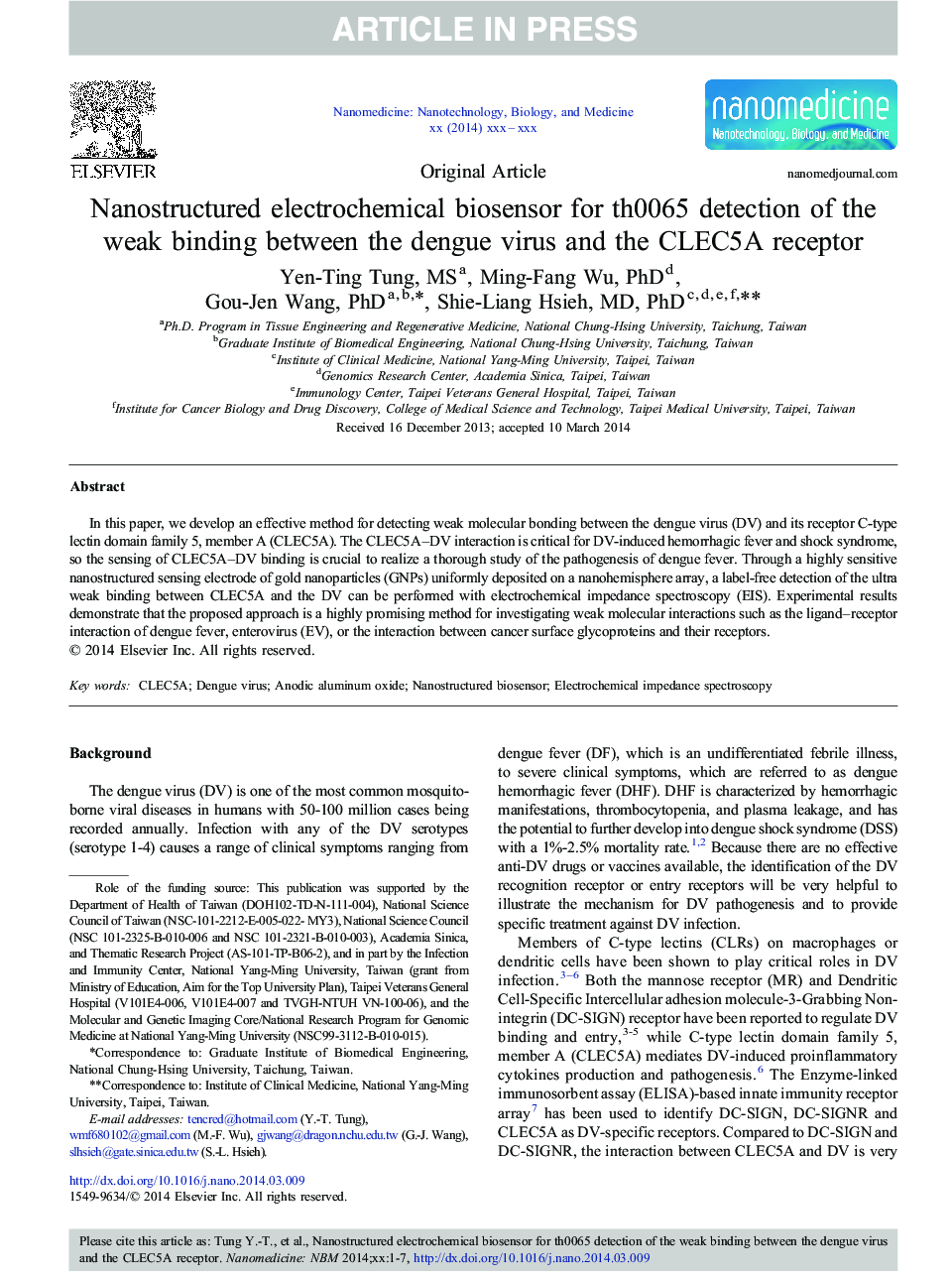 Nanostructured electrochemical biosensor for th0065 detection of the weak binding between the dengue virus and the CLEC5A receptor