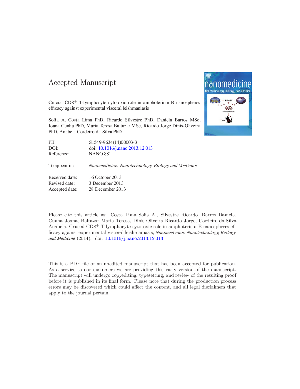 Crucial CD8+ T-lymphocyte cytotoxic role in amphotericin B nanospheres efficacy against experimental visceral leishmaniasis