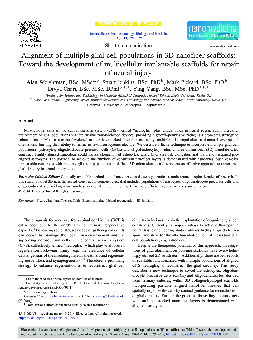 Alignment of multiple glial cell populations in 3D nanofiber scaffolds: Toward the development of multicellular implantable scaffolds for repair of neural injury