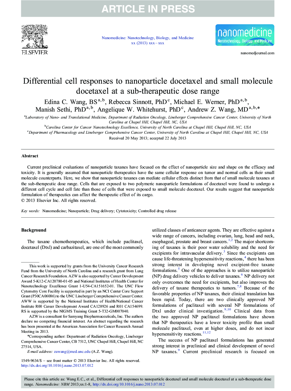 Differential cell responses to nanoparticle docetaxel and small molecule docetaxel at a sub-therapeutic dose range