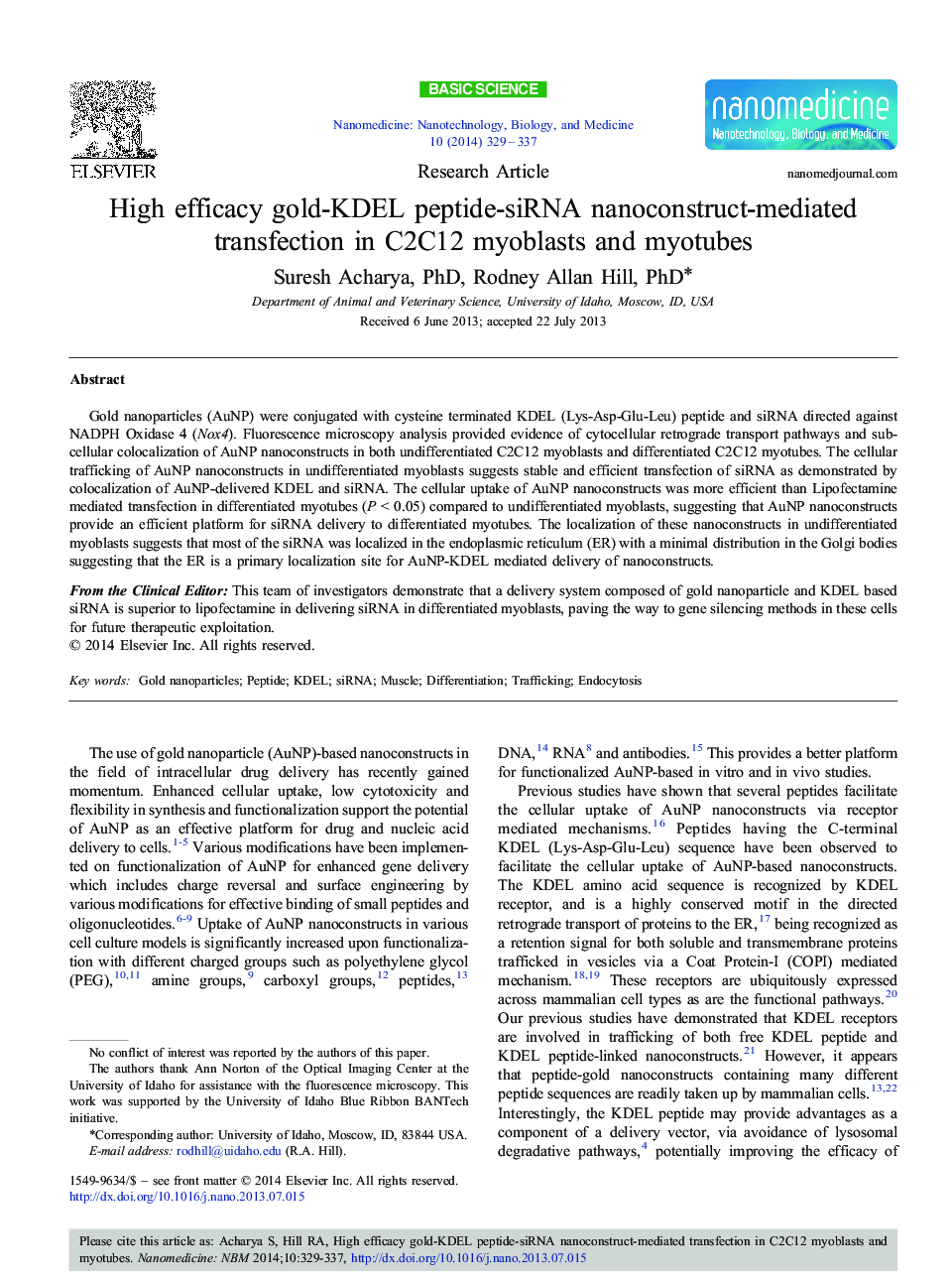High efficacy gold-KDEL peptide-siRNA nanoconstruct-mediated transfection in C2C12 myoblasts and myotubes