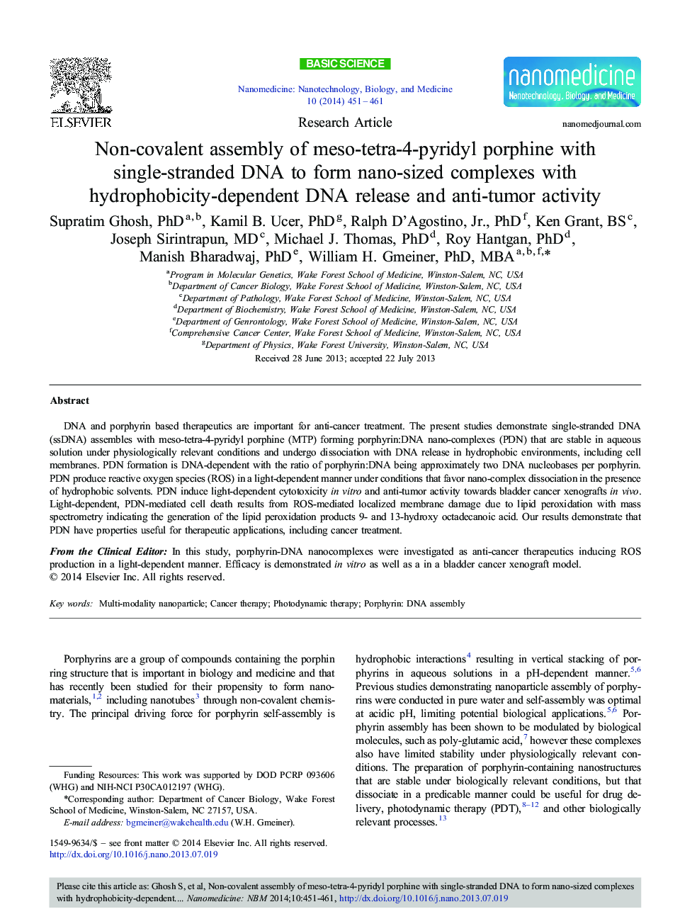 Non-covalent assembly of meso-tetra-4-pyridyl porphine with single-stranded DNA to form nano-sized complexes with hydrophobicity-dependent DNA release and anti-tumor activity