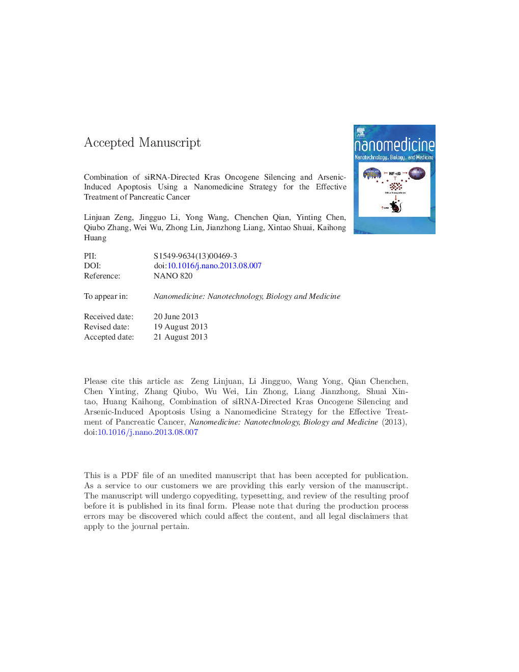 Combination of siRNA-directed Kras oncogene silencing and arsenic-induced apoptosis using a nanomedicine strategy for the effective treatment of pancreatic cancer