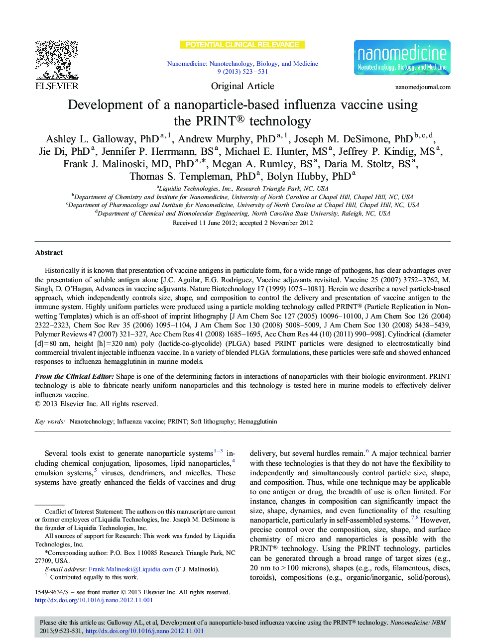 Development of a nanoparticle-based influenza vaccine using the PRINT® technology