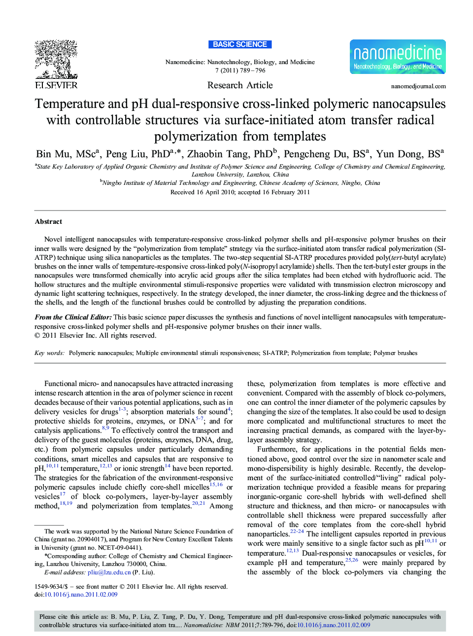 Temperature and pH dual-responsive cross-linked polymeric nanocapsules with controllable structures via surface-initiated atom transfer radical polymerization from templates