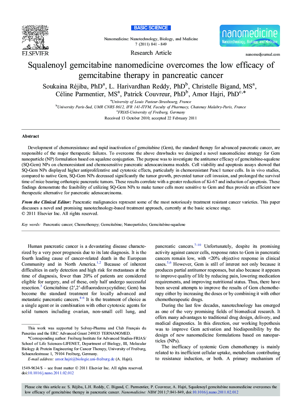 عکس صفحه اول مقاله: Squalenoyl gemcitabine nanomedicine overcomes the low efficacy of gemcitabine therapy in pancreatic cancer Squalenoyl gemcitabine nanomedicine overcomes the low efficacy of gemcitabine therapy in pancreatic cancer
