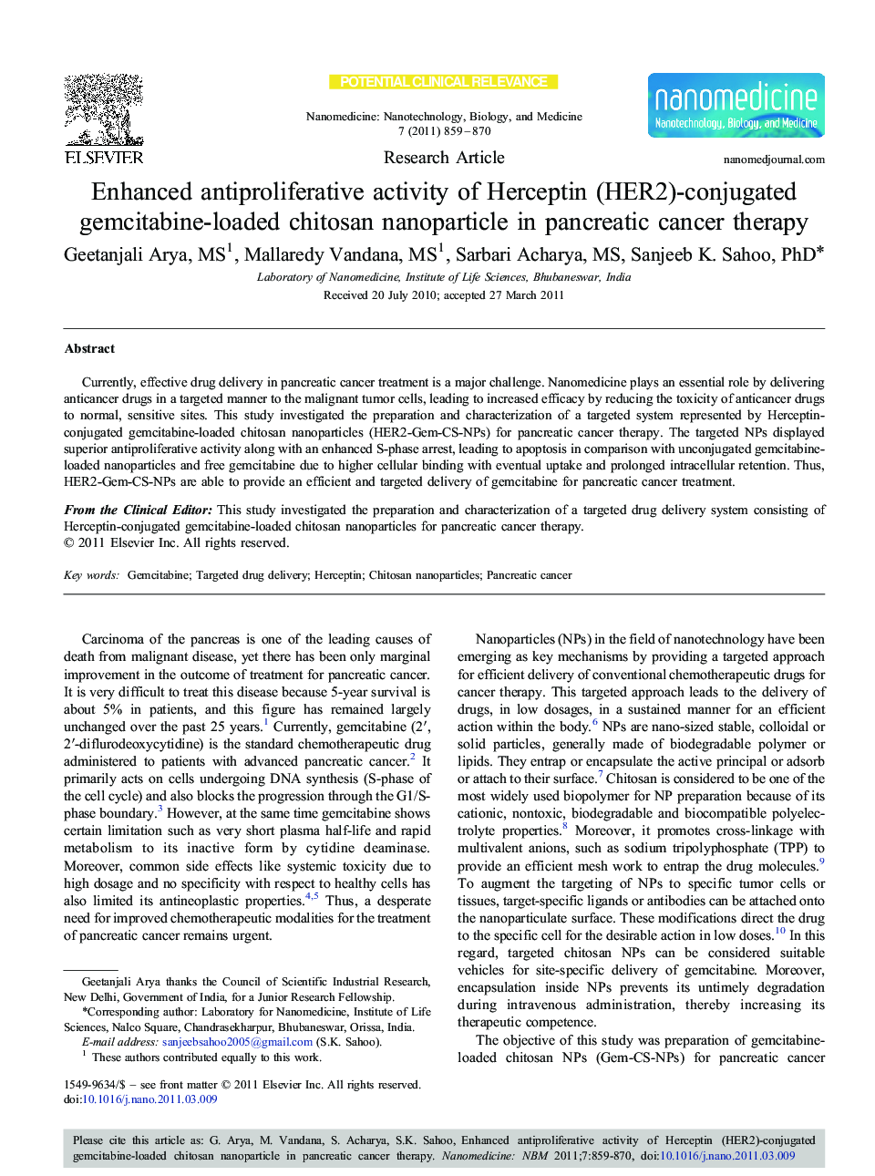 Enhanced antiproliferative activity of Herceptin (HER2)-conjugated gemcitabine-loaded chitosan nanoparticle in pancreatic cancer therapy