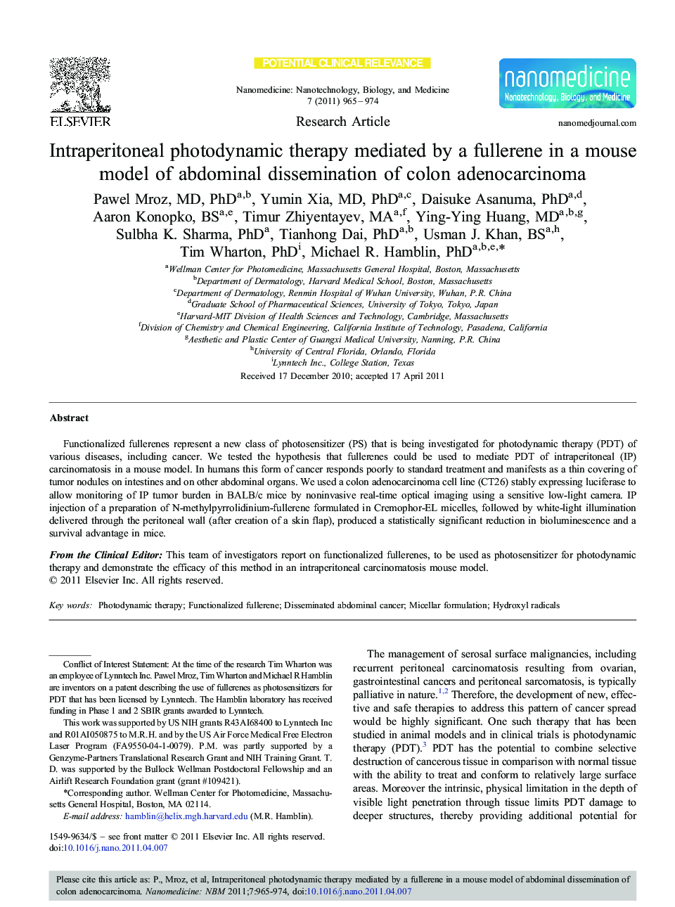 Intraperitoneal photodynamic therapy mediated by a fullerene in a mouse model of abdominal dissemination of colon adenocarcinoma