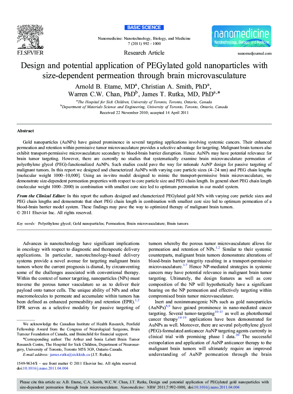 Design and potential application of PEGylated gold nanoparticles with size-dependent permeation through brain microvasculature