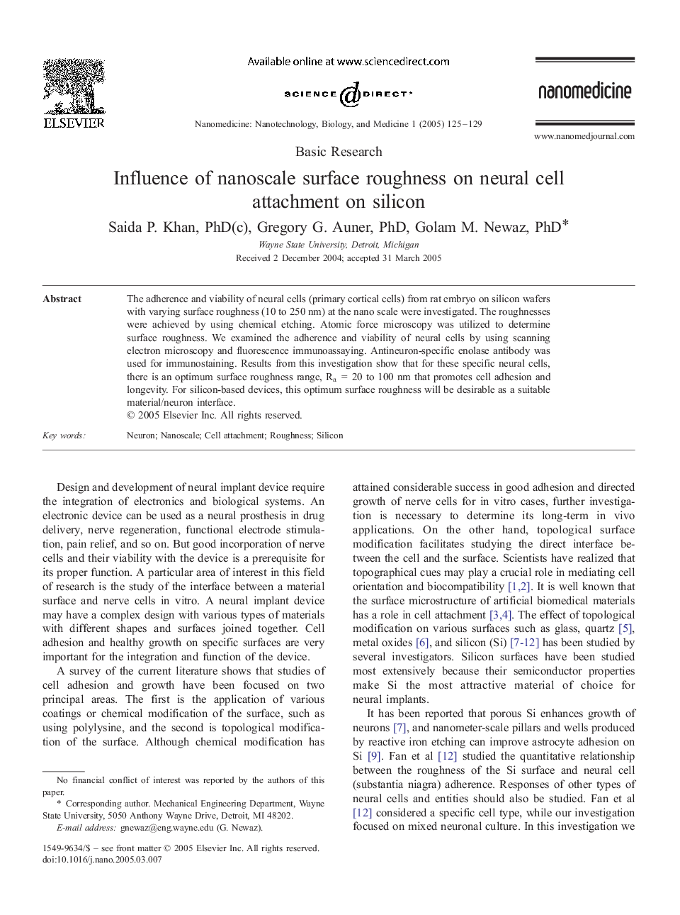 Influence of nanoscale surface roughness on neural cell attachment on silicon