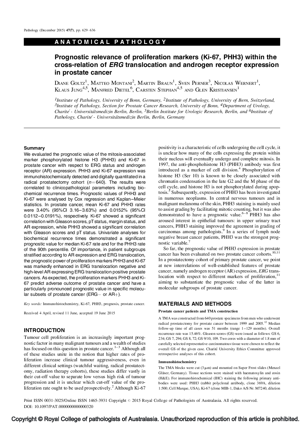 Prognostic relevance of proliferation markers (Ki-67, PHH3) within the cross-relation of ERG translocation and androgen receptor expression in prostate cancer