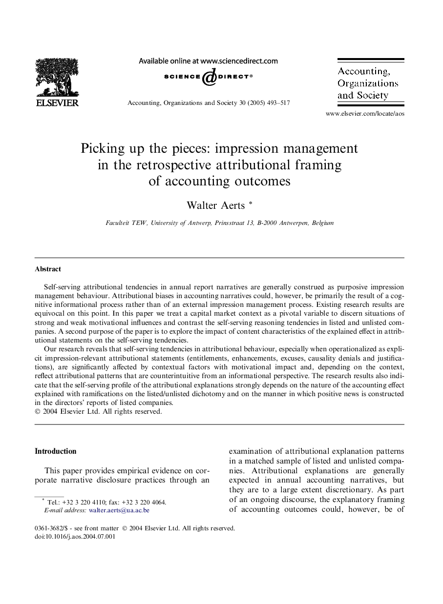 Picking up the pieces: impression management in the retrospective attributional framing of accounting outcomes