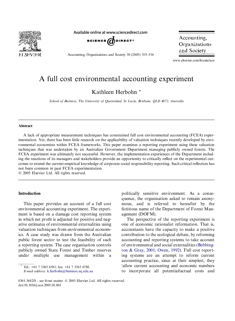 A full cost environmental accounting experiment