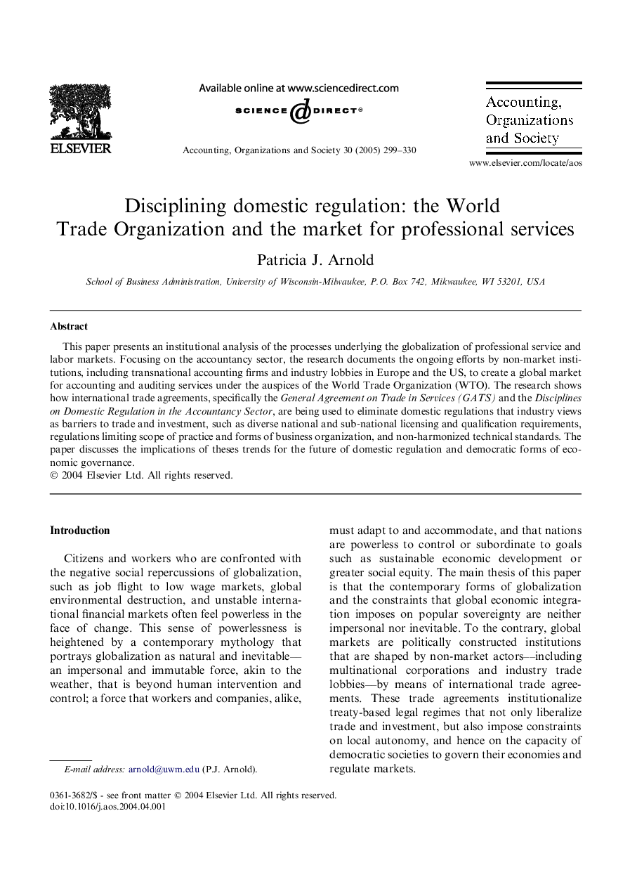 Disciplining domestic regulation: the World Trade Organization and the market for professional services