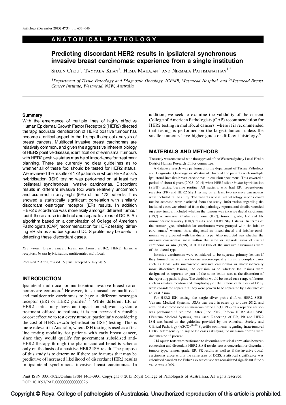 Predicting discordant HER2 results in ipsilateral synchronous invasive breast carcinomas: experience from a single institution