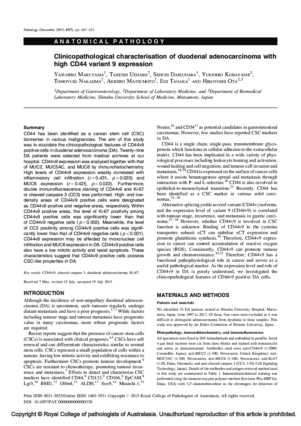 Clinicopathological characterisation of duodenal adenocarcinoma with high CD44 variant 9 expression