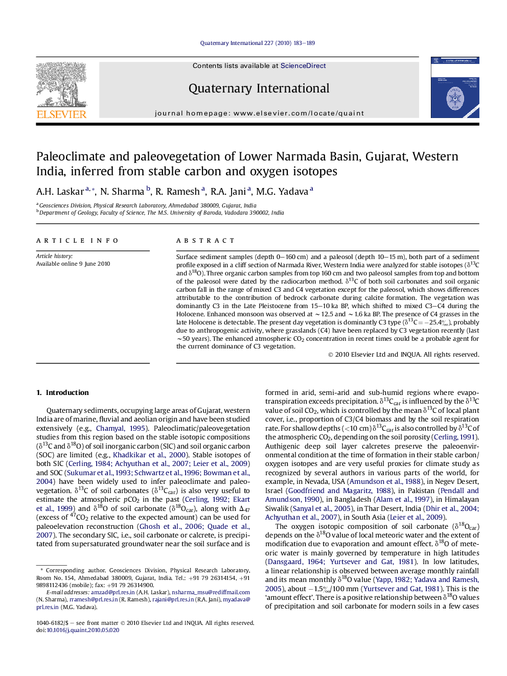 Paleoclimate and paleovegetation of Lower Narmada Basin, Gujarat, Western India, inferred from stable carbon and oxygen isotopes