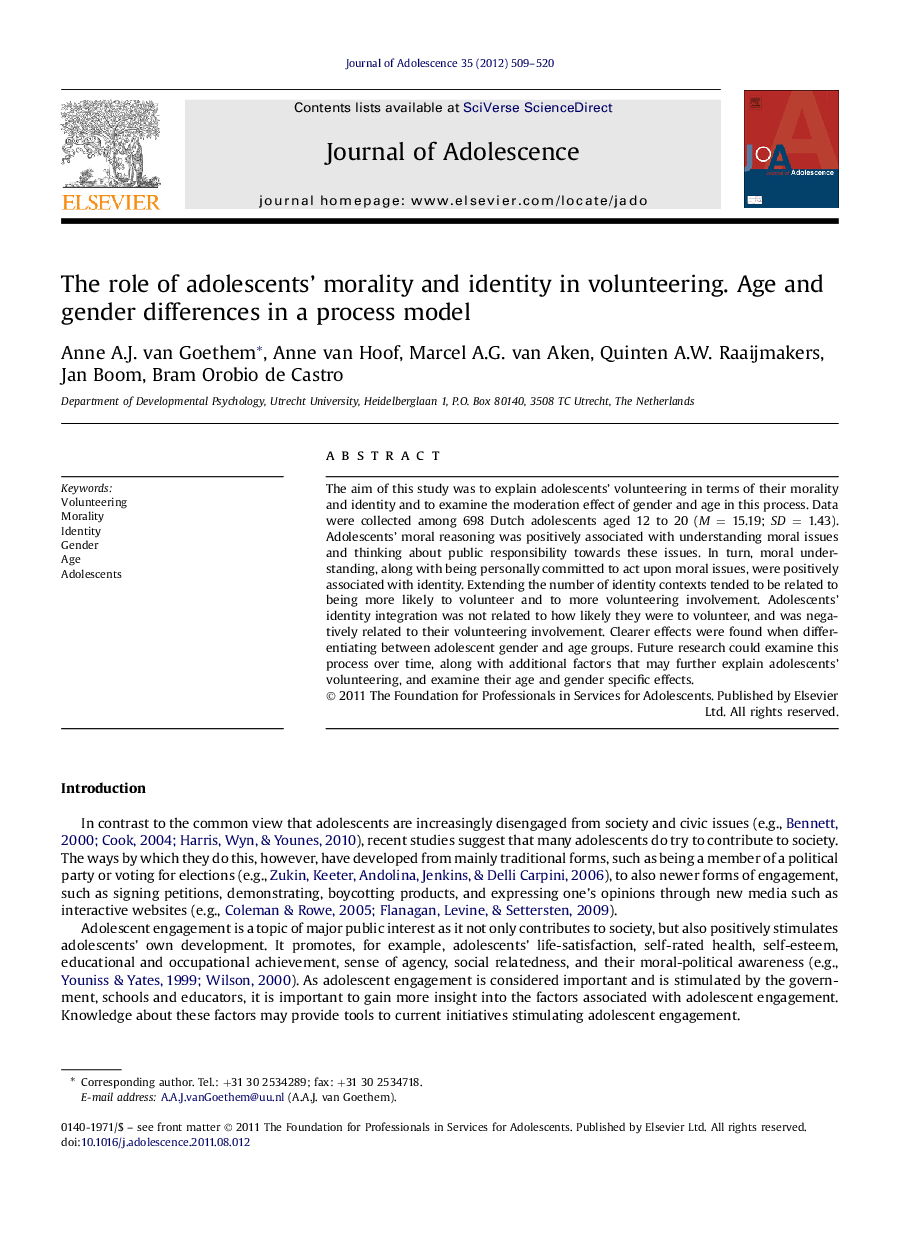 The role of adolescents' morality and identity in volunteering. Age and gender differences in a process model