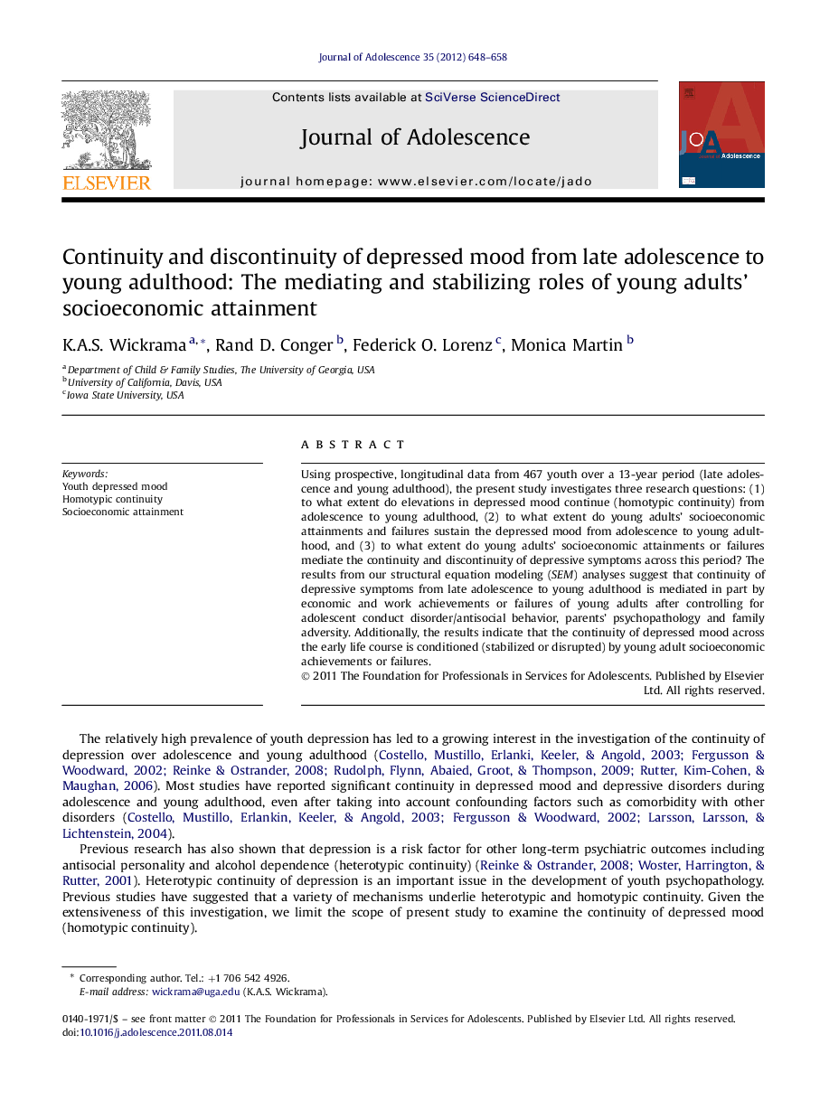 Continuity and discontinuity of depressed mood from late adolescence to young adulthood: The mediating and stabilizing roles of young adults' socioeconomic attainment