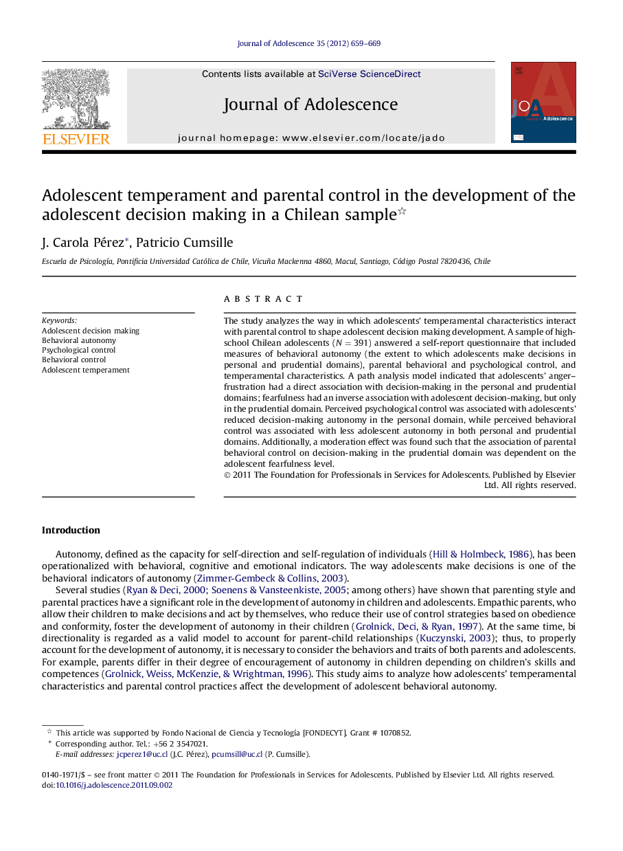 Adolescent temperament and parental control in the development of the adolescent decision making in a Chilean sample