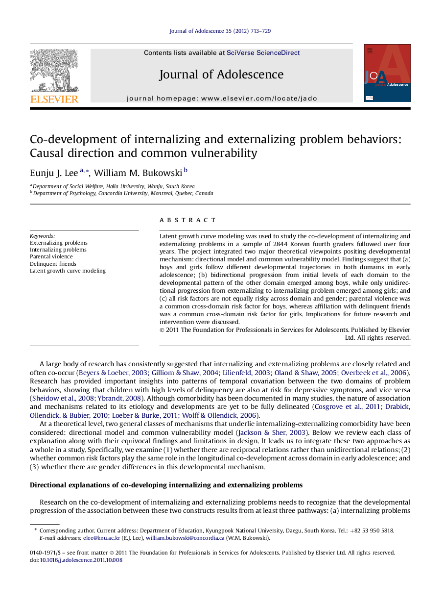 Co-development of internalizing and externalizing problem behaviors: Causal direction and common vulnerability