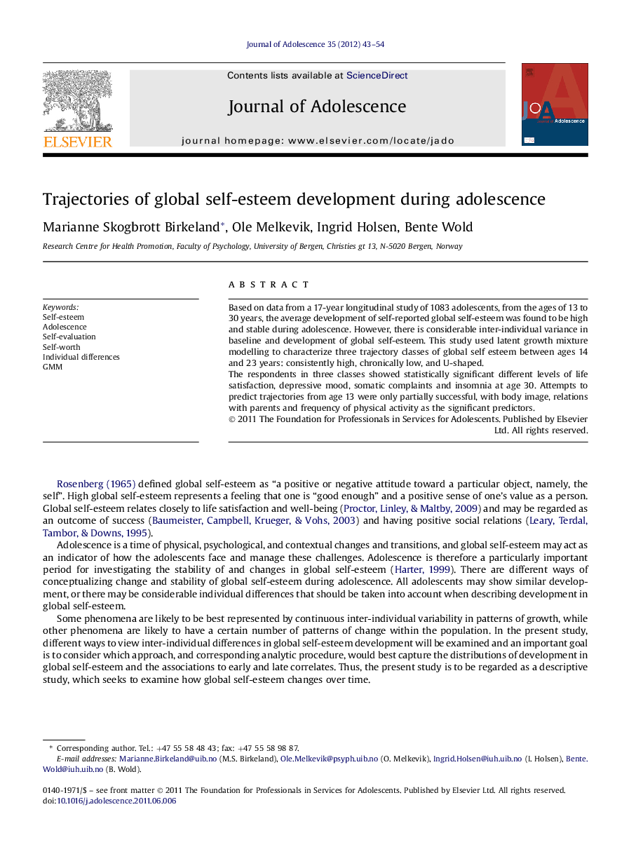 Trajectories of global self-esteem development during adolescence