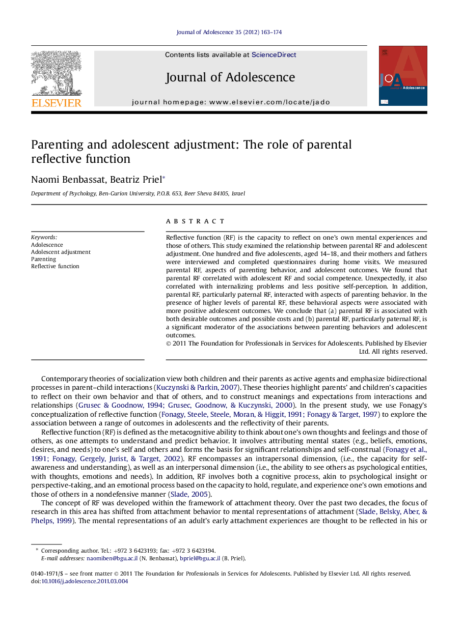 Parenting and adolescent adjustment: The role of parental reflective function