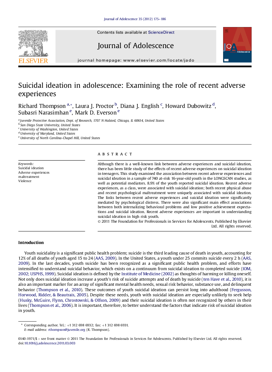 Suicidal ideation in adolescence: Examining the role of recent adverse experiences