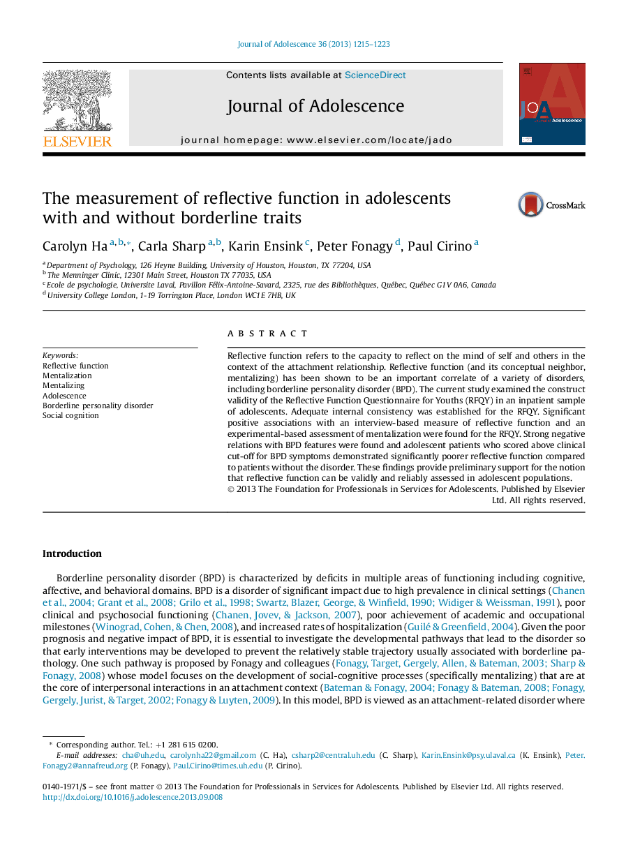 The measurement of reflective function in adolescents withÂ and without borderline traits