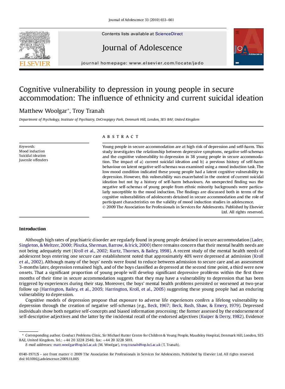 Cognitive vulnerability to depression in young people in secure accommodation: The influence of ethnicity and current suicidal ideation