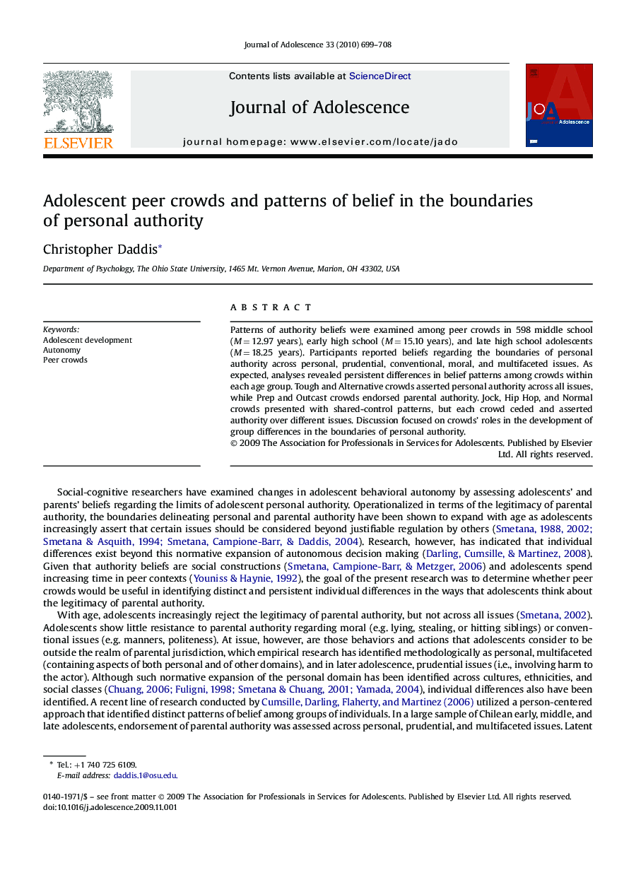 Adolescent peer crowds and patterns of belief in the boundaries of personal authority