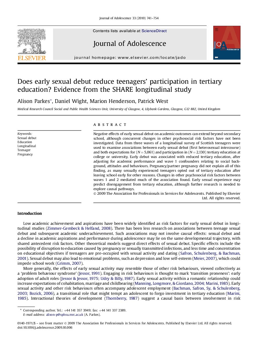 Does early sexual debut reduce teenagers' participation in tertiary education? Evidence from the SHARE longitudinal study