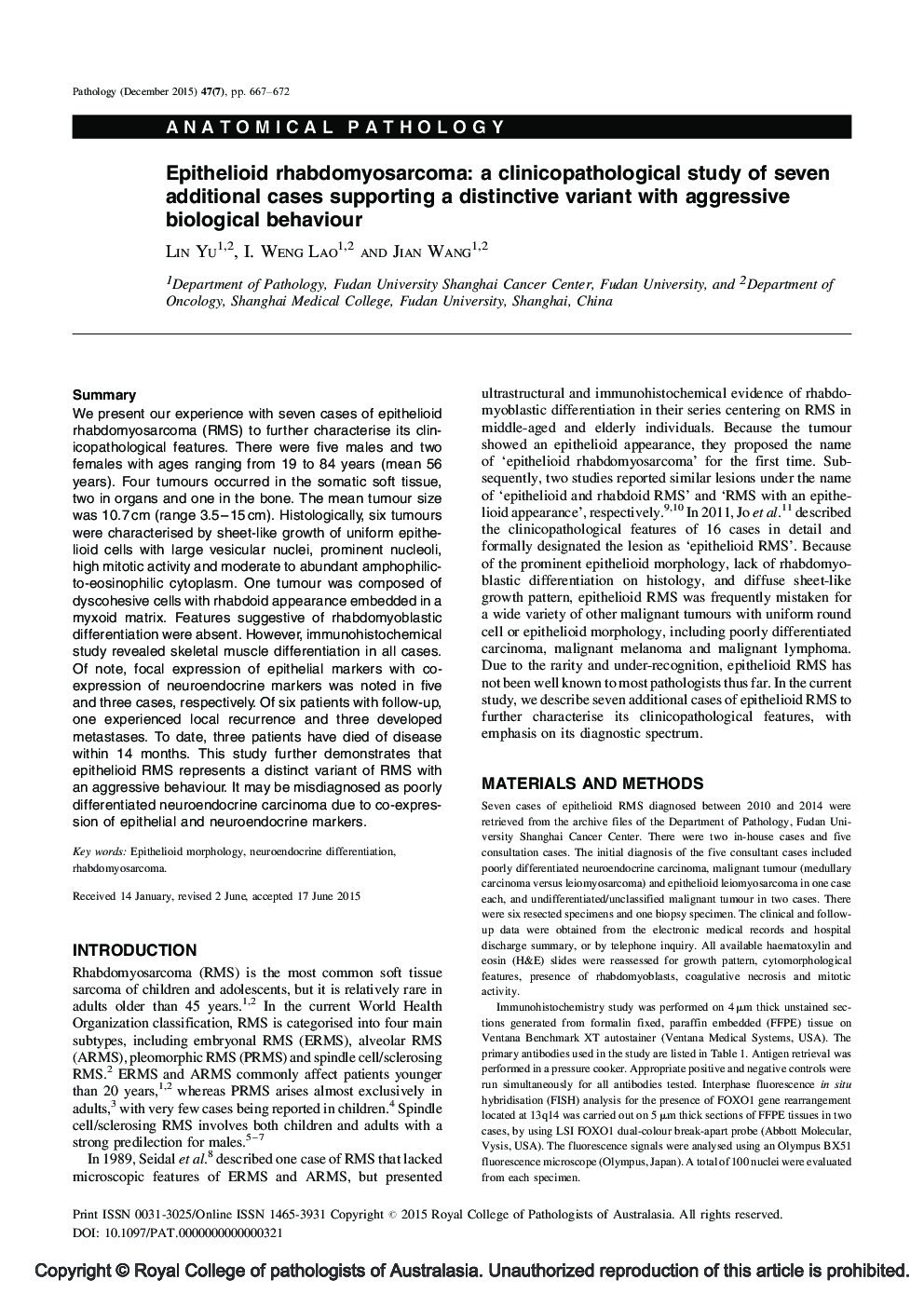 Epithelioid rhabdomyosarcoma: a clinicopathological study of seven additional cases supporting a distinctive variant with aggressive biological behaviour