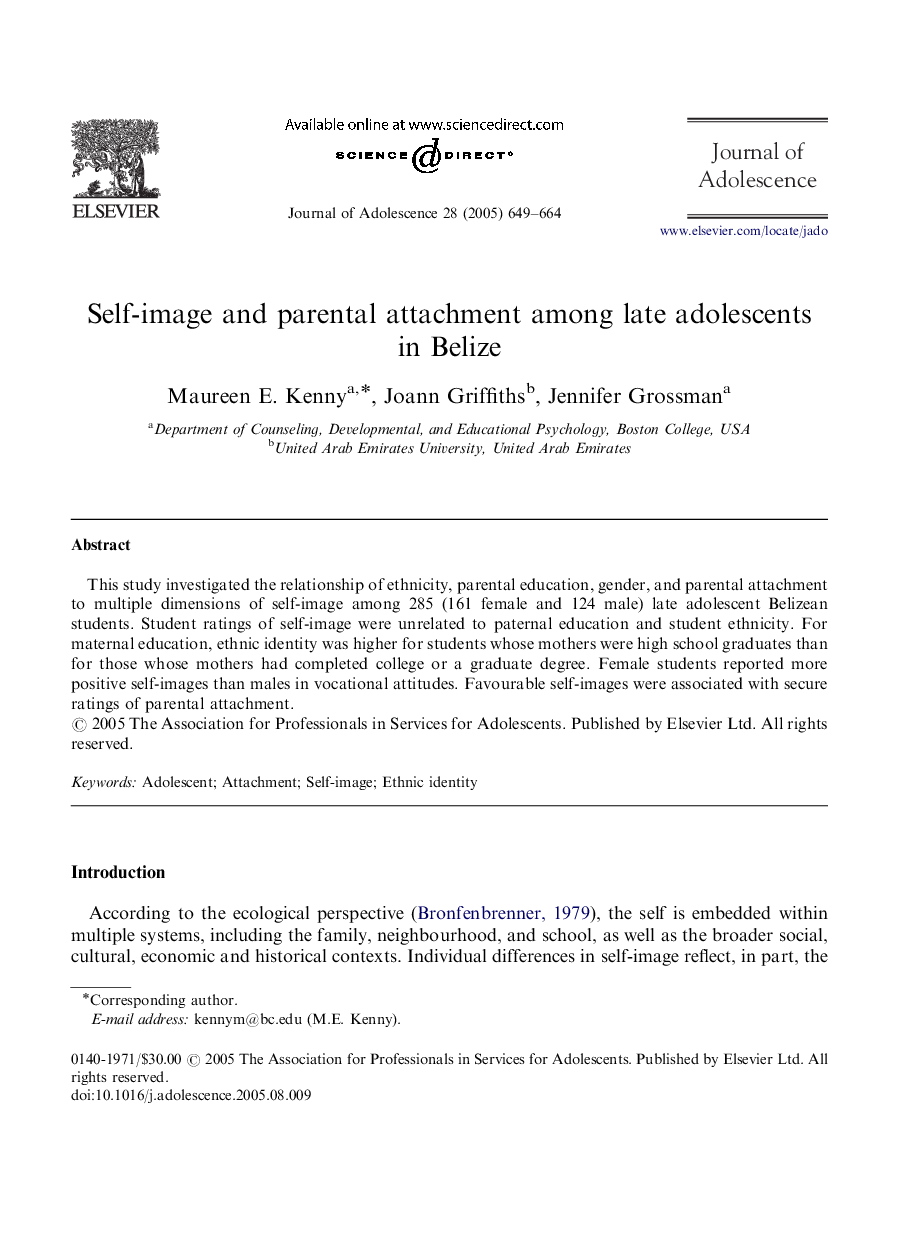 Self-image and parental attachment among late adolescents in Belize