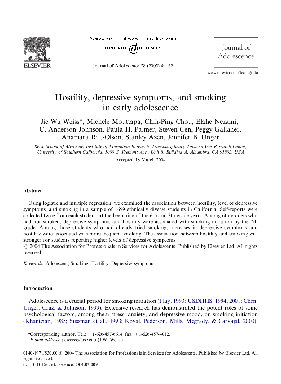 Hostility, depressive symptoms, and smoking in early adolescence