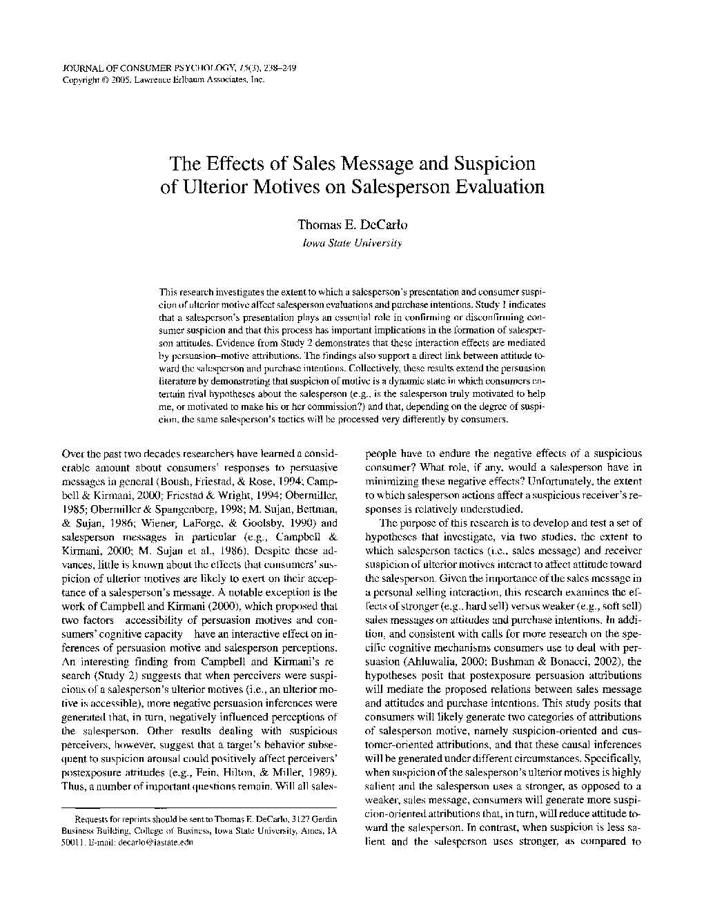 The Effects of Sales Message and Suspicion of Ulterior Motives on Salesperson Evaluation