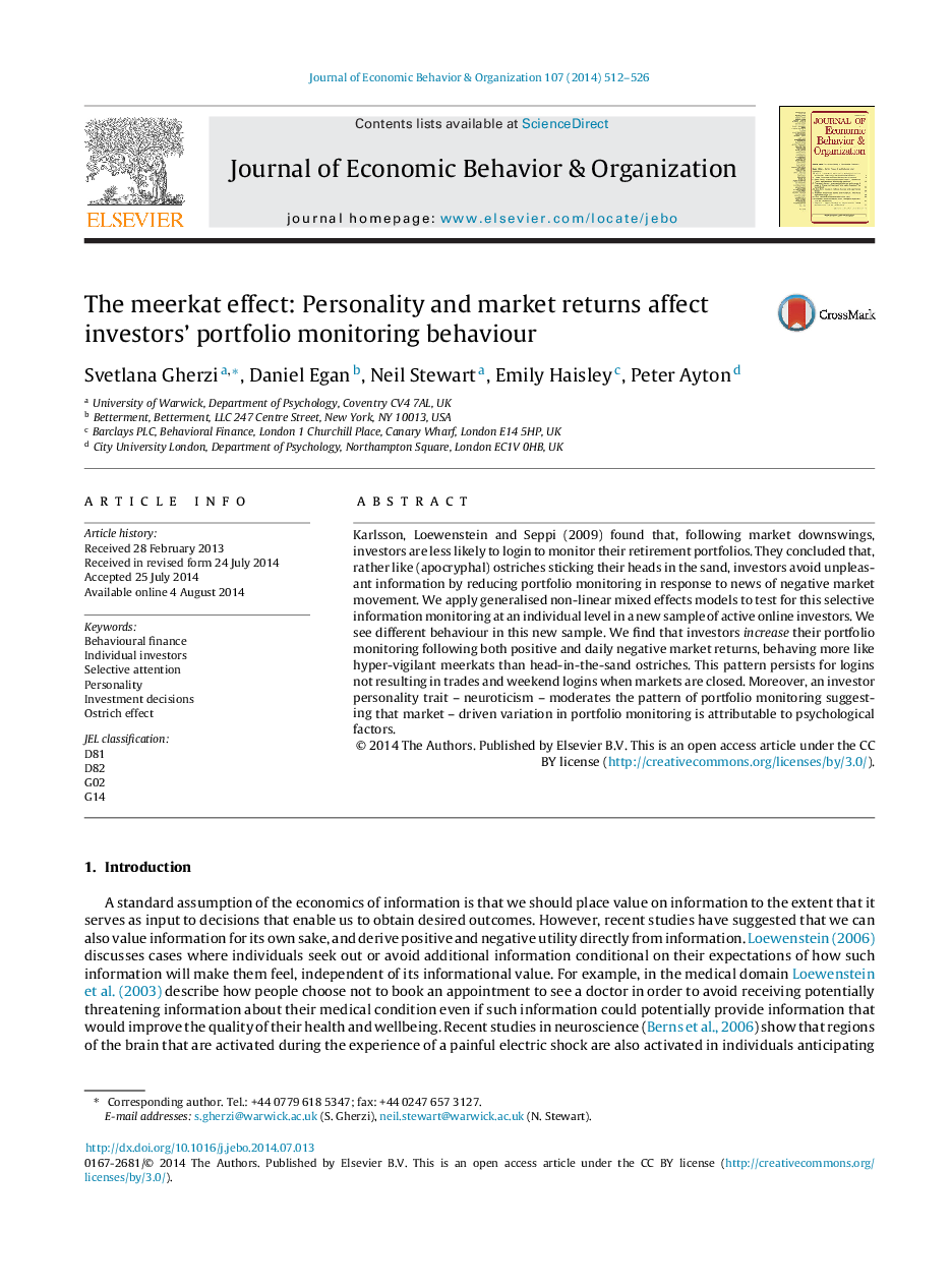 The meerkat effect: Personality and market returns affect investors' portfolio monitoring behaviour